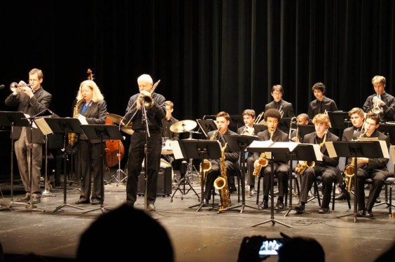 Erik Jekabson, Mary Fettig and Dave Eshelman performing with the California Jazz Conservatory Studio Band, a band made up of top High School players from around the Bay Area.