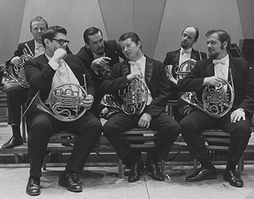 The Detroit Symphony Horn Section circa 1970 (left to right): Willard Darling, Charlie Weaver, Ed Sauve, David Krehbiel, Keith Vernon, Thomas Bacon