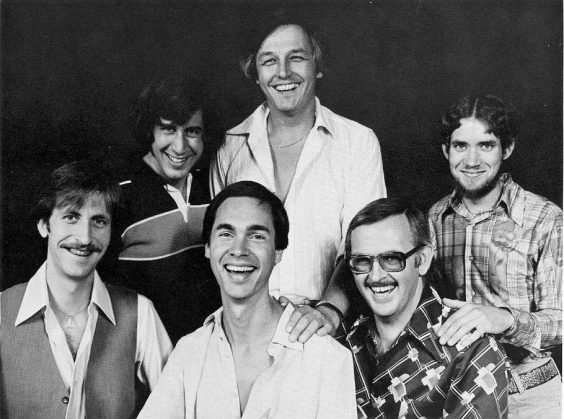 Solar Plexus, 1977. Standing from left: the late Russ Tincher (drums), Denny Berthiaume, Jon Ward (bass). Seated from left: Eric Golub (elec violin), Randy Masters (trumpet), Terry Summa (woodwinds). Denny: “Solar Plexus hit at just the right time. Weather Report, Yes, Chicago, Blood Sweat & Tears, the jazz rock fusion thing was popular.”
